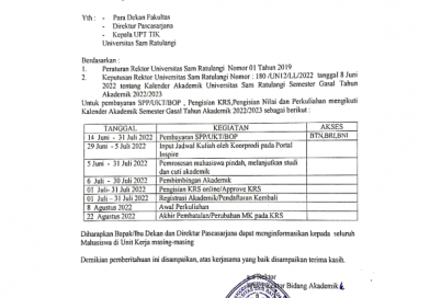 PEMBERITAHUAN PEMBAYARAN SPP/UKT/BOP, PENGISIAN KRS, PENGISIAN NILAI DAN PERKULIAHAN SEMESTER GASAL 2022/2023